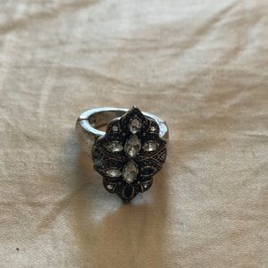 Silver and black crystal ring